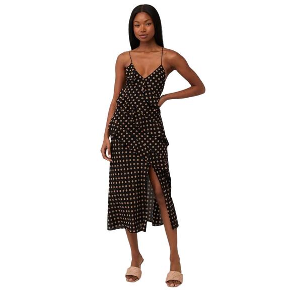 MINKPINK Black Beige Polka Dot Ayat Cami Frill Ruffle Slip Midi Dress Size Small - Picture 1 of 10